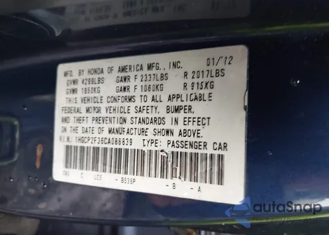 2012 Honda Accord 2.4 Lx from USA, damaged, VIN 1HGCP2F36CA086839